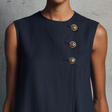 Robe Mini Femme Style Minimaliste Professionnel Bleu Marine en Col Rond, Boutons Asymétriques, Poche Latérale, Sans Manches