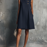 Robe Mini Femme Style Minimaliste Professionnel Bleu Marine en Col Rond, Boutons Asymétriques, Poche Latérale, Sans Manches
