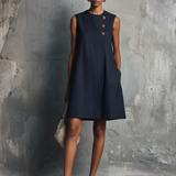 Robe Mini Femme Style Minimaliste Professionnel Bleu Marine en Col Rond, Boutons Asymétriques, Poche Latérale, Sans Manches