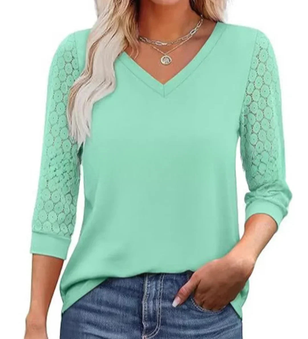 Lace-Sleeve Casual V-Neck Blouse