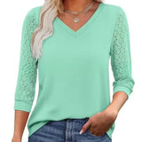 Lace-Sleeve Casual V-Neck Blouse