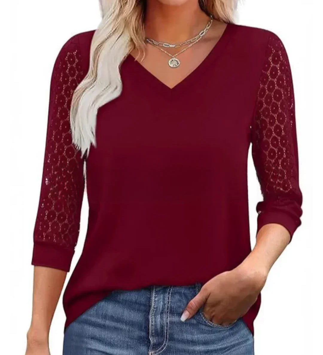 Lace-Sleeve Casual V-Neck Blouse