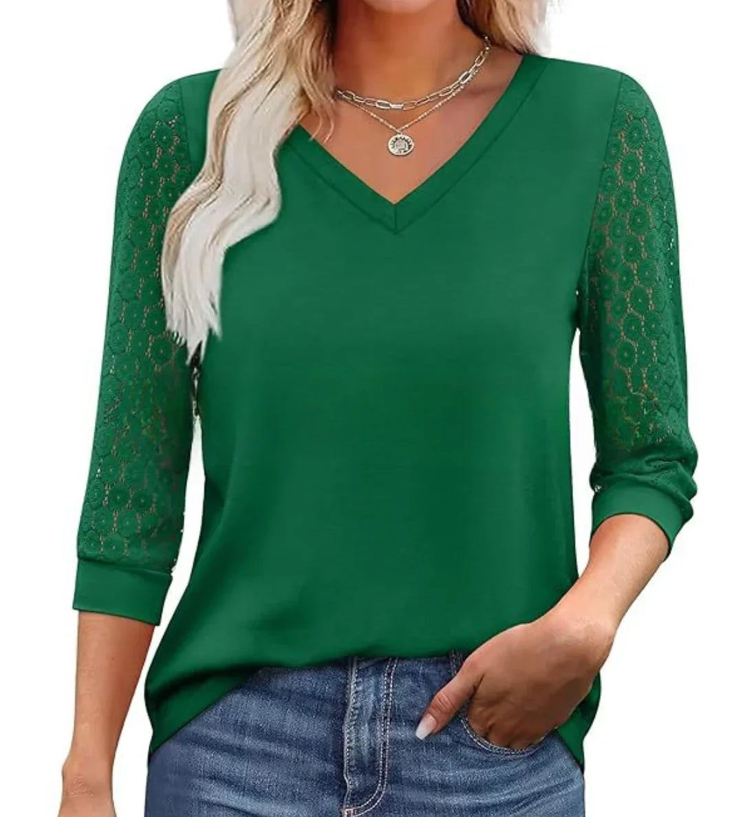 Lace-Sleeve Casual V-Neck Blouse
