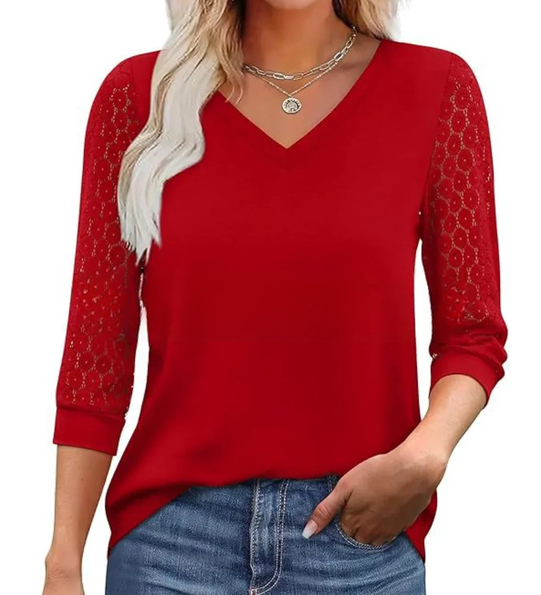 Lace-Sleeve Casual V-Neck Blouse